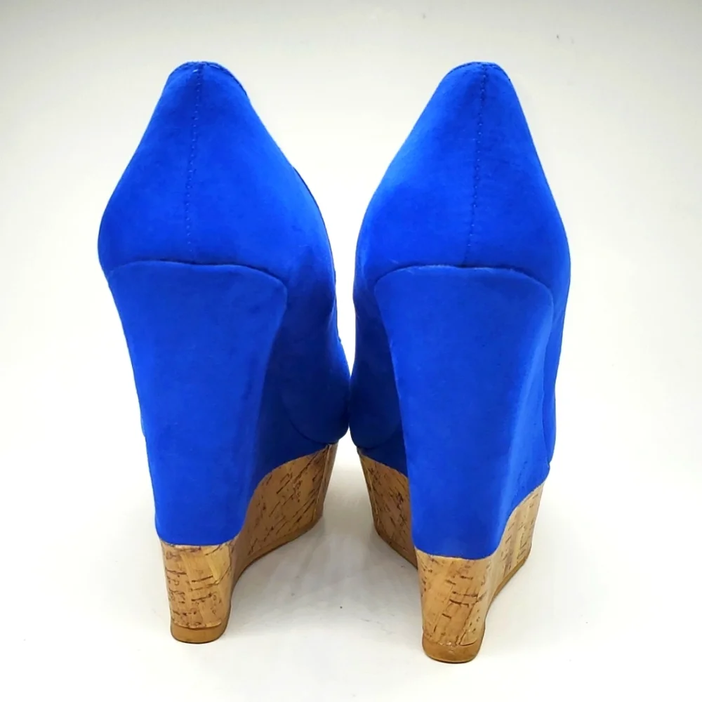 Forever 21 Blue Faux Suede Cork Like Wedge Peep Toe Platform Shoes 8